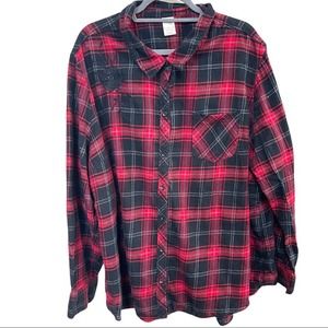Terra & Sky Red and Black Plaid Button Down Shirt with Applique Size 3X